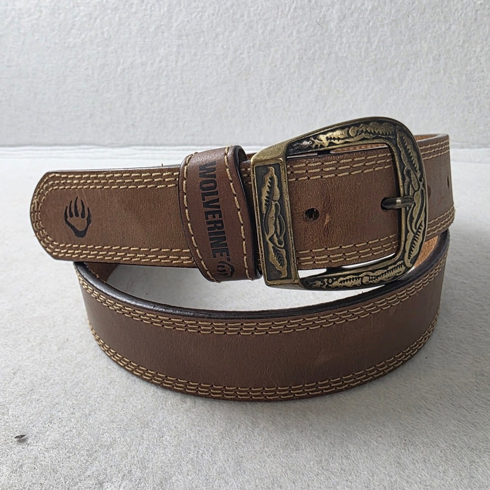 Wolverine Mens Brown Leather Belt 40/100 Stitched Western Scroll Buckle